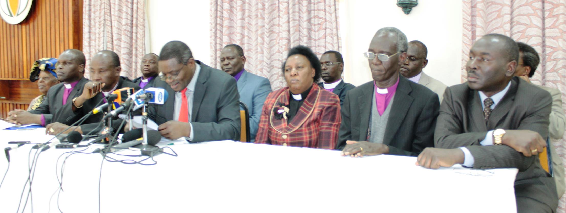 NCCK General Secretary Reverend Canon Peter Karanja flanked by Chair Canon Rosemary Mbogo and Arch Bishop Eliud Wabukala address the media during EXCOM meeting in Jumuai Conference and Country Home, Limuru